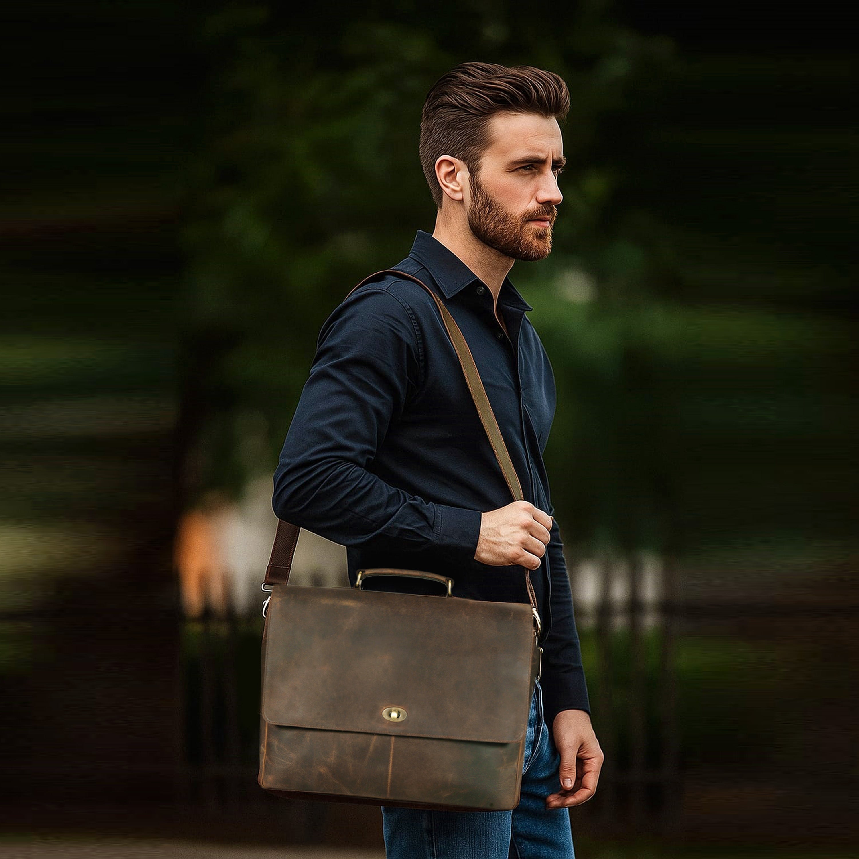 Brown Leather Messenger Bag with Tree of Life Journal