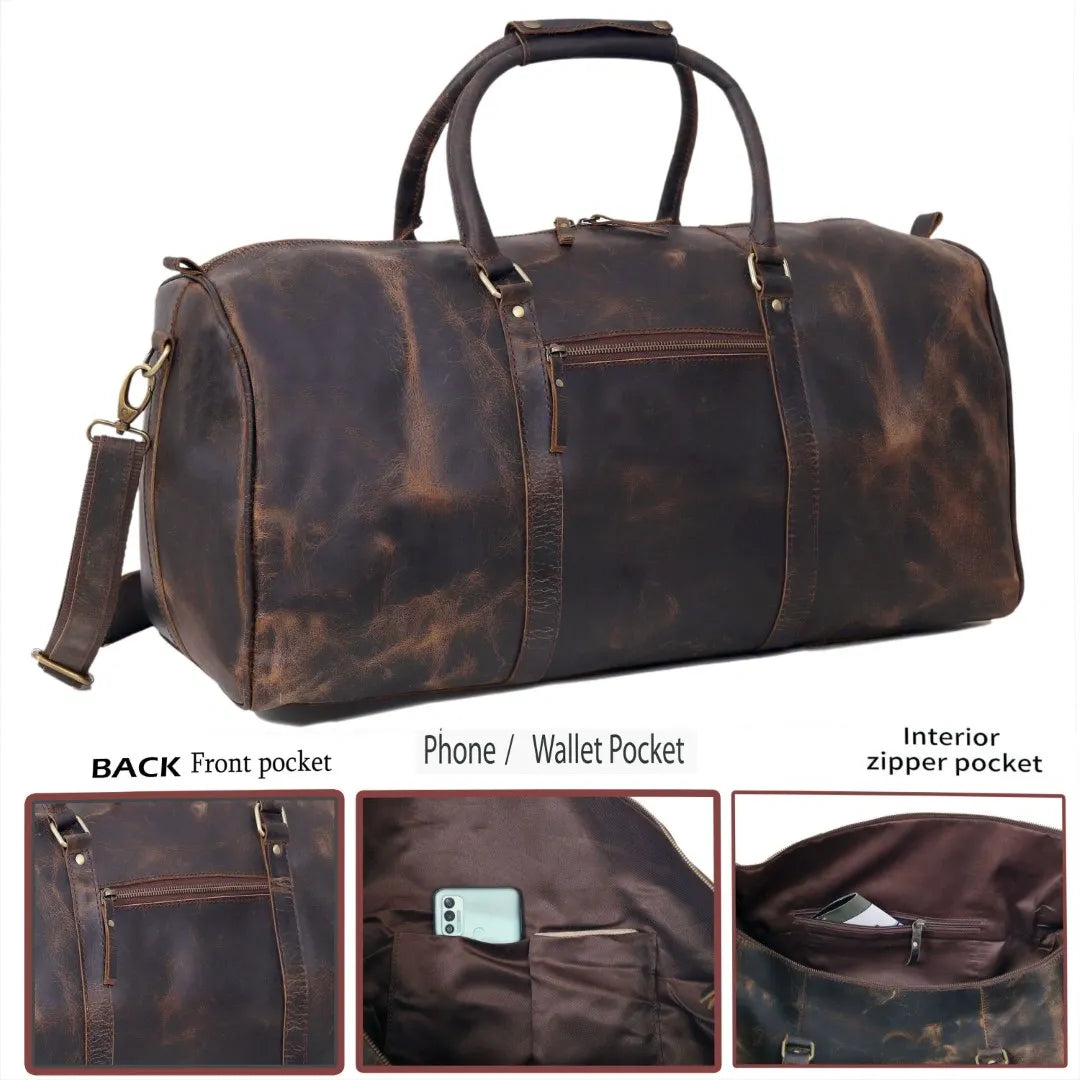 Rustic Leather Duffel Bag - Vintage Brown