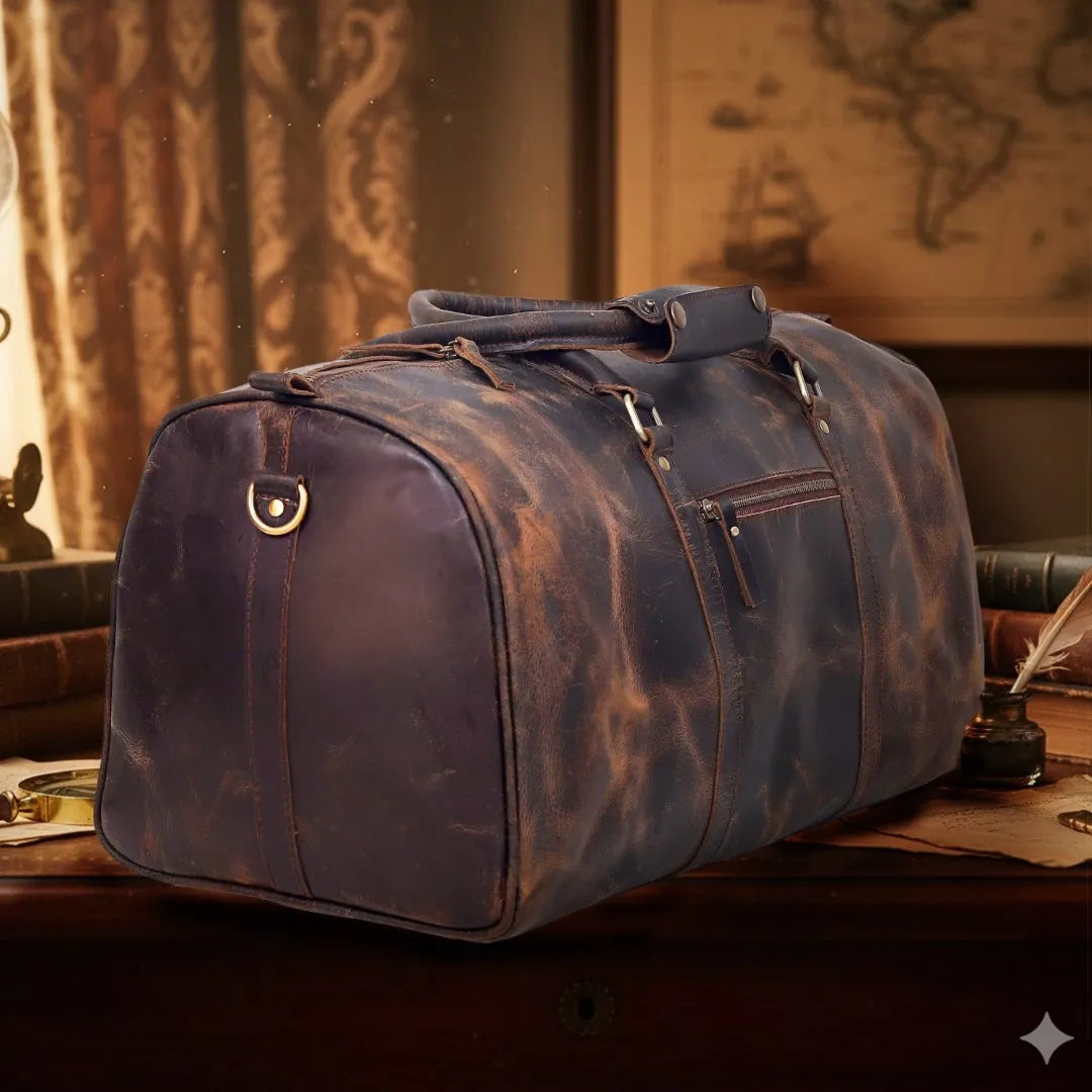 Rustic Leather Duffel Bag - Vintage Brown
