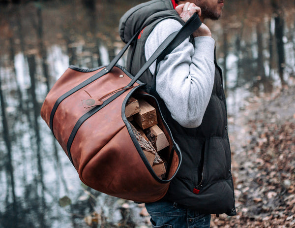 Handmade Cowhide Leather Firewood Carrier