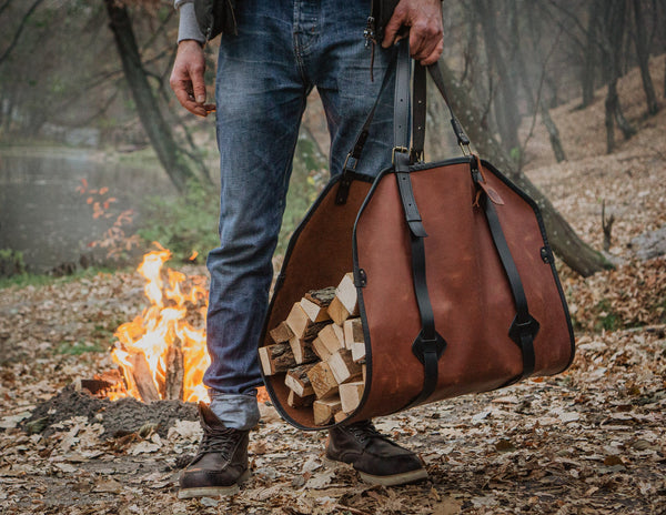 Rustic Crazy Horse Leather Firewood Carrier