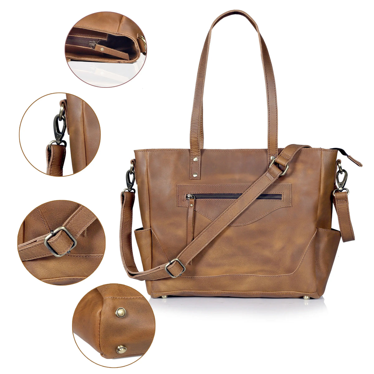 Portland Buffalo Leather Tote Handbag with Zipper - Tan