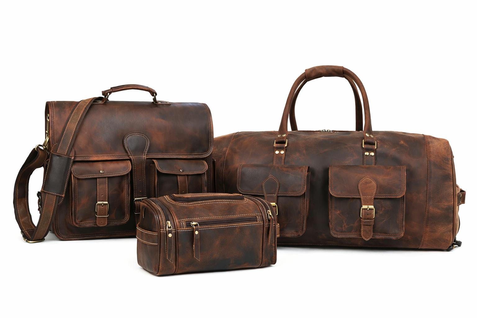 Premium Buffalo Leather Rolling Travel & Work Combo Set