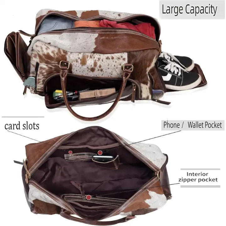 Premium Cowhide Leather Duffle Bag - Unisex Travel Weekender Bag