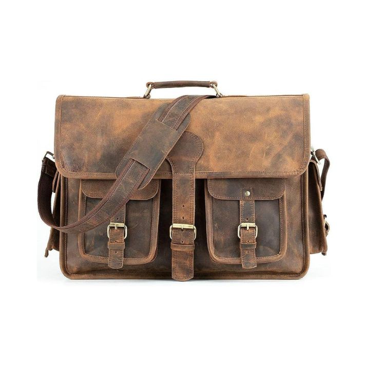 Vintage Full-Grain Buffalo Leather Laptop Messenger Bag