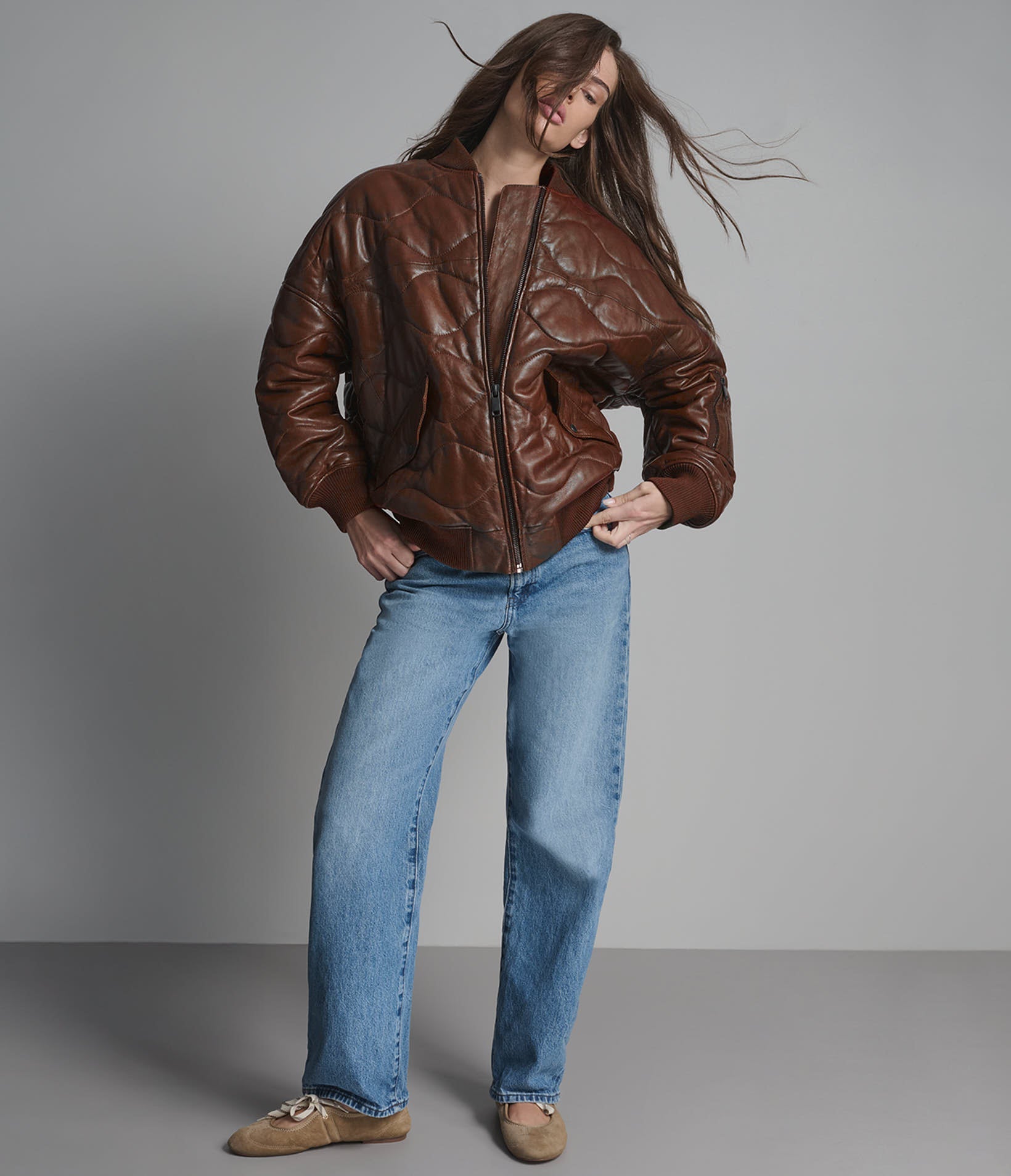 Women’s Oversized Quilted Leather Bomber Jacket
