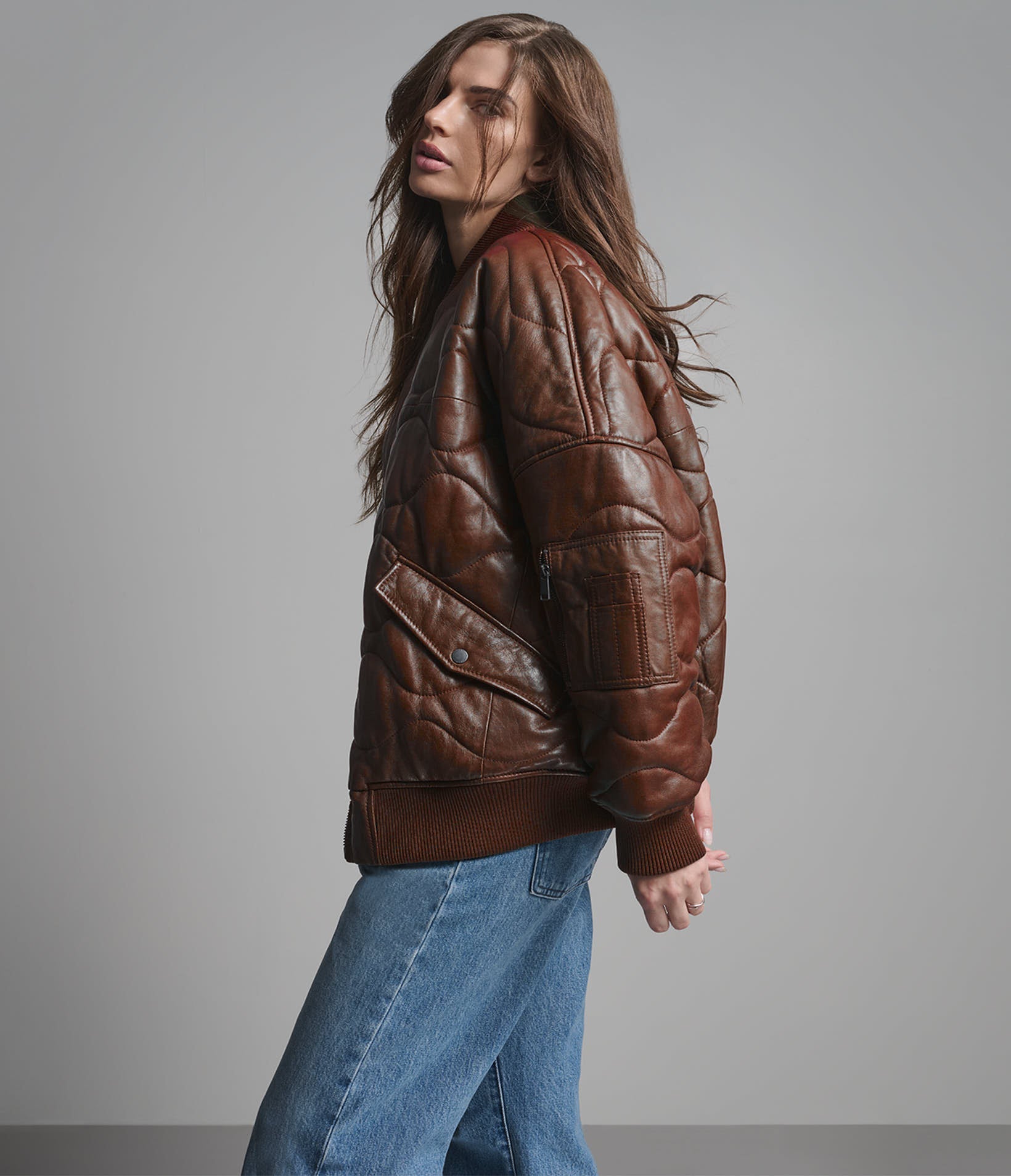 Women’s Oversized Quilted Leather Bomber Jacket