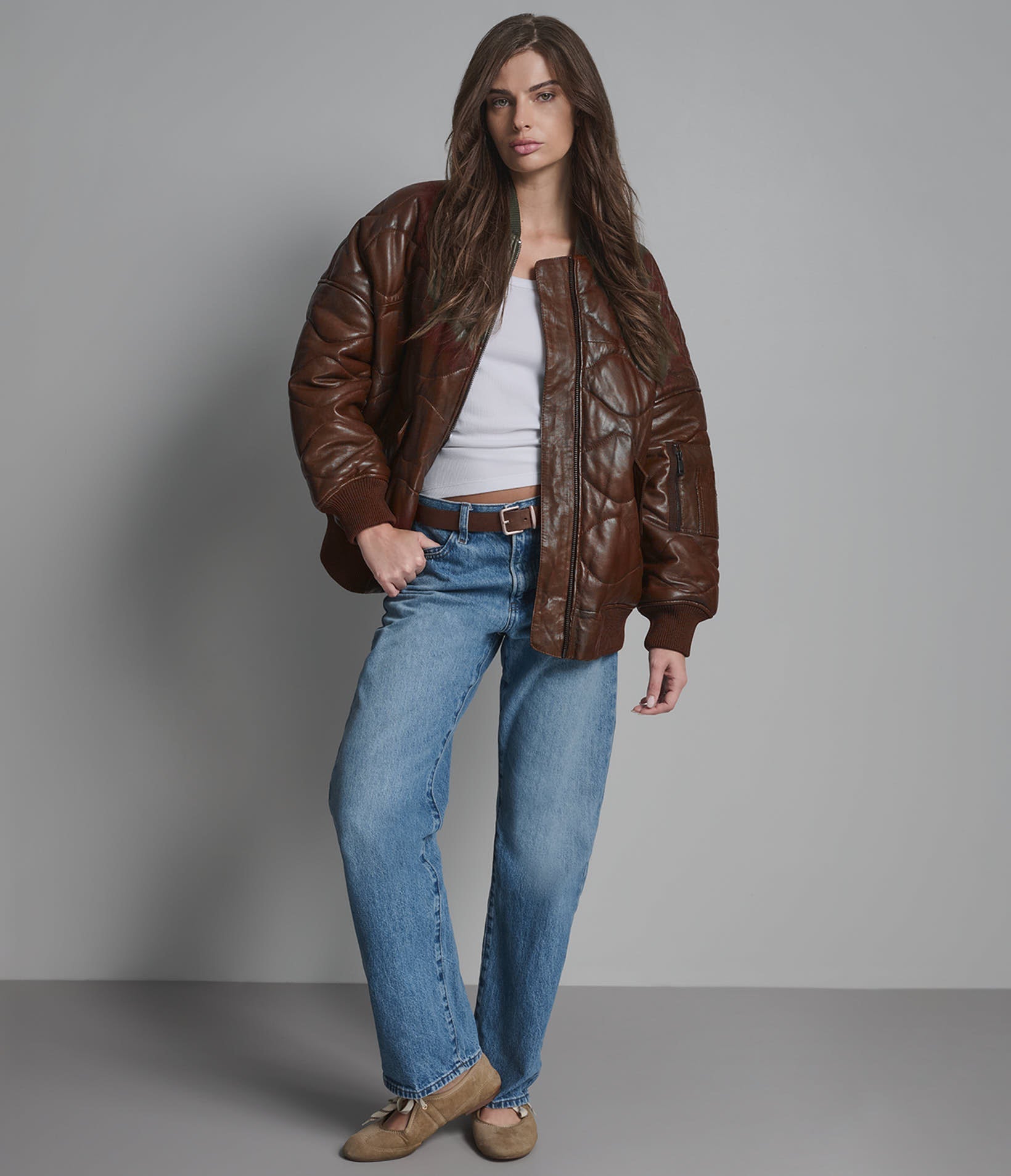 Women’s Oversized Quilted Leather Bomber Jacket