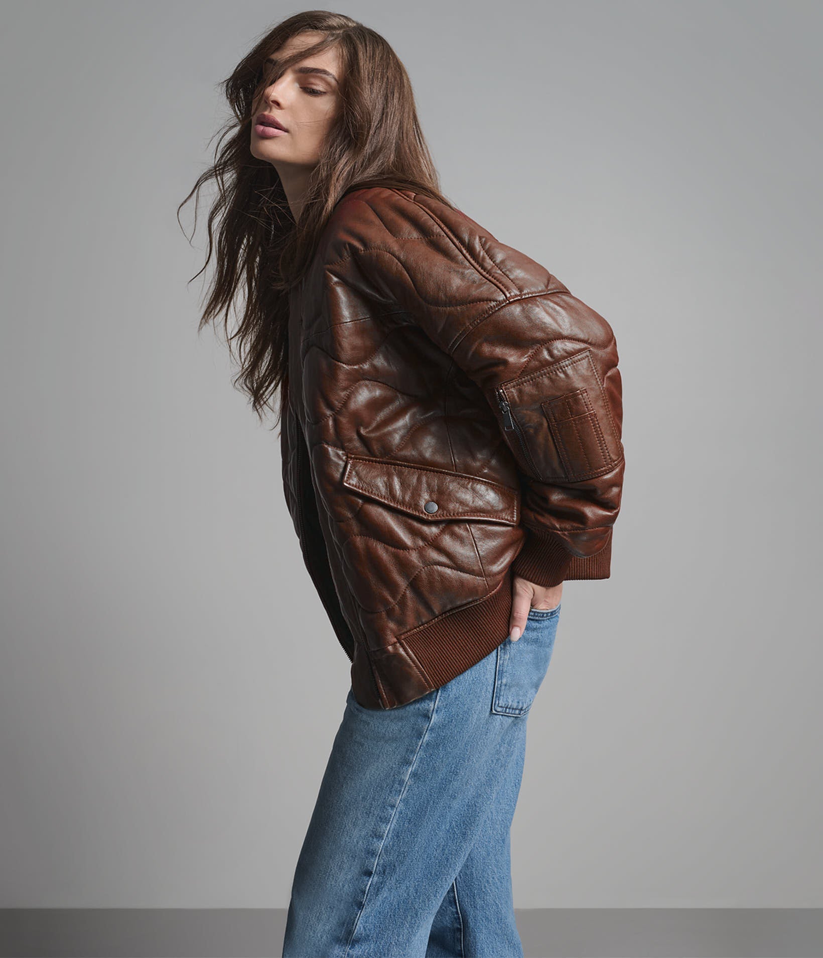 Women’s Oversized Quilted Leather Bomber Jacket