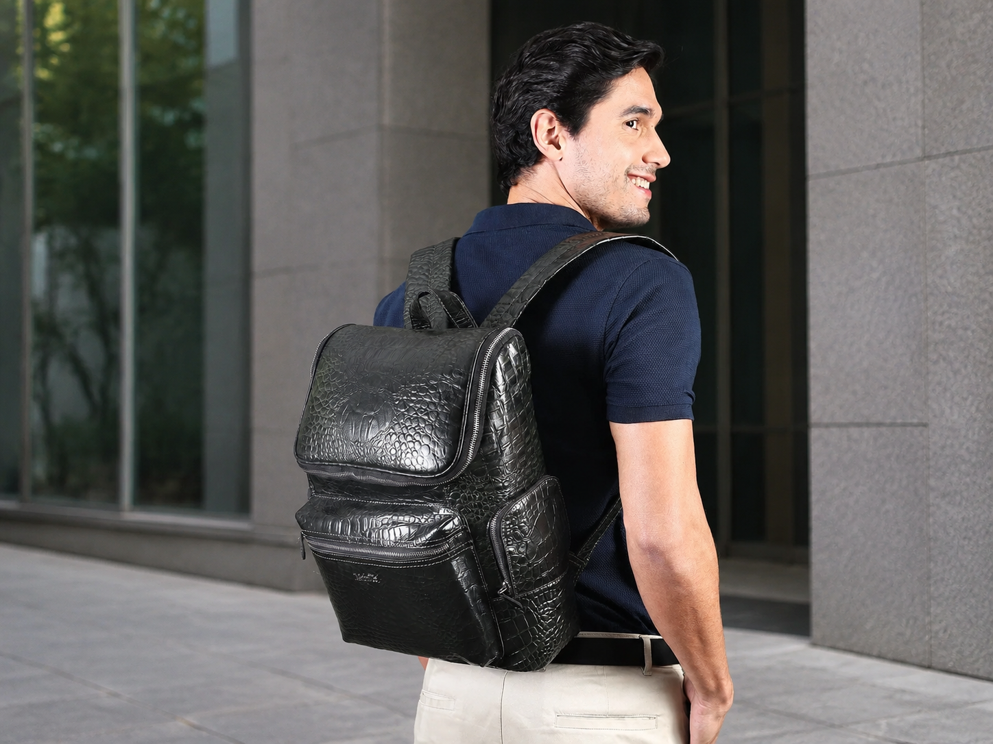 Regal Crocodile Texture Leather Backpack, Dark Green