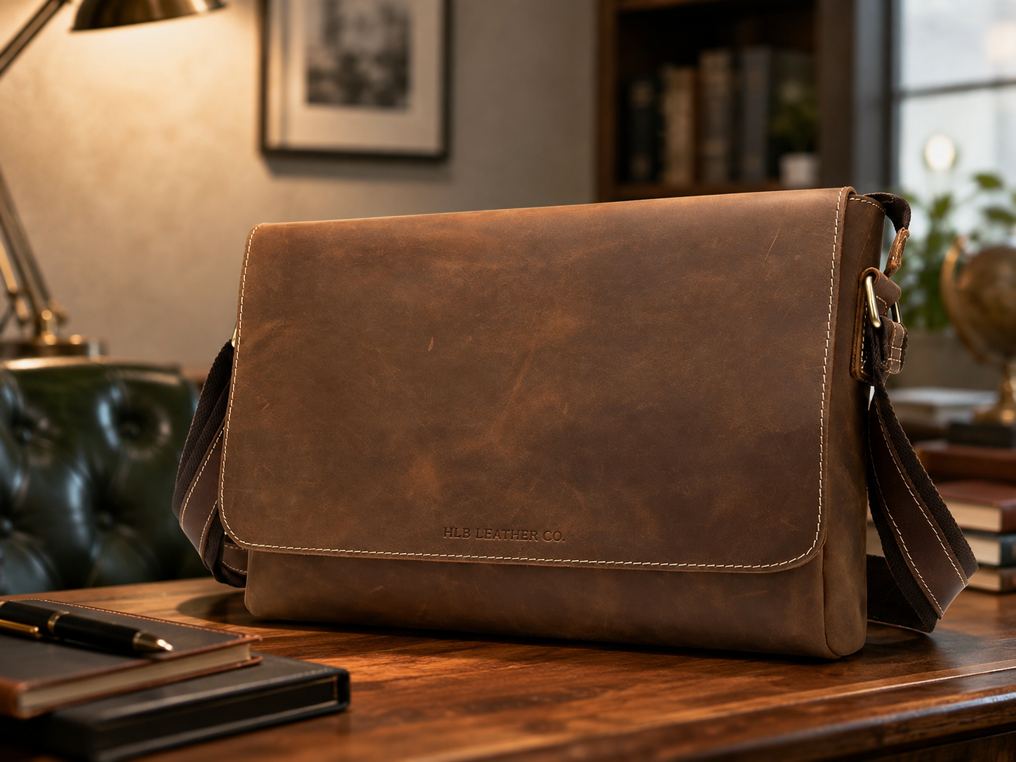 Vintage Full-Grain Leather Laptop Messenger Bag
