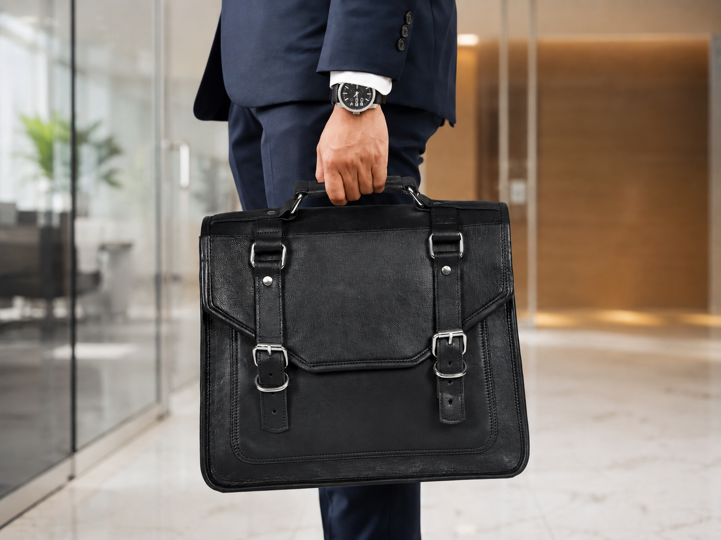 Black Full-Grain Leather Messenger Bag for Men