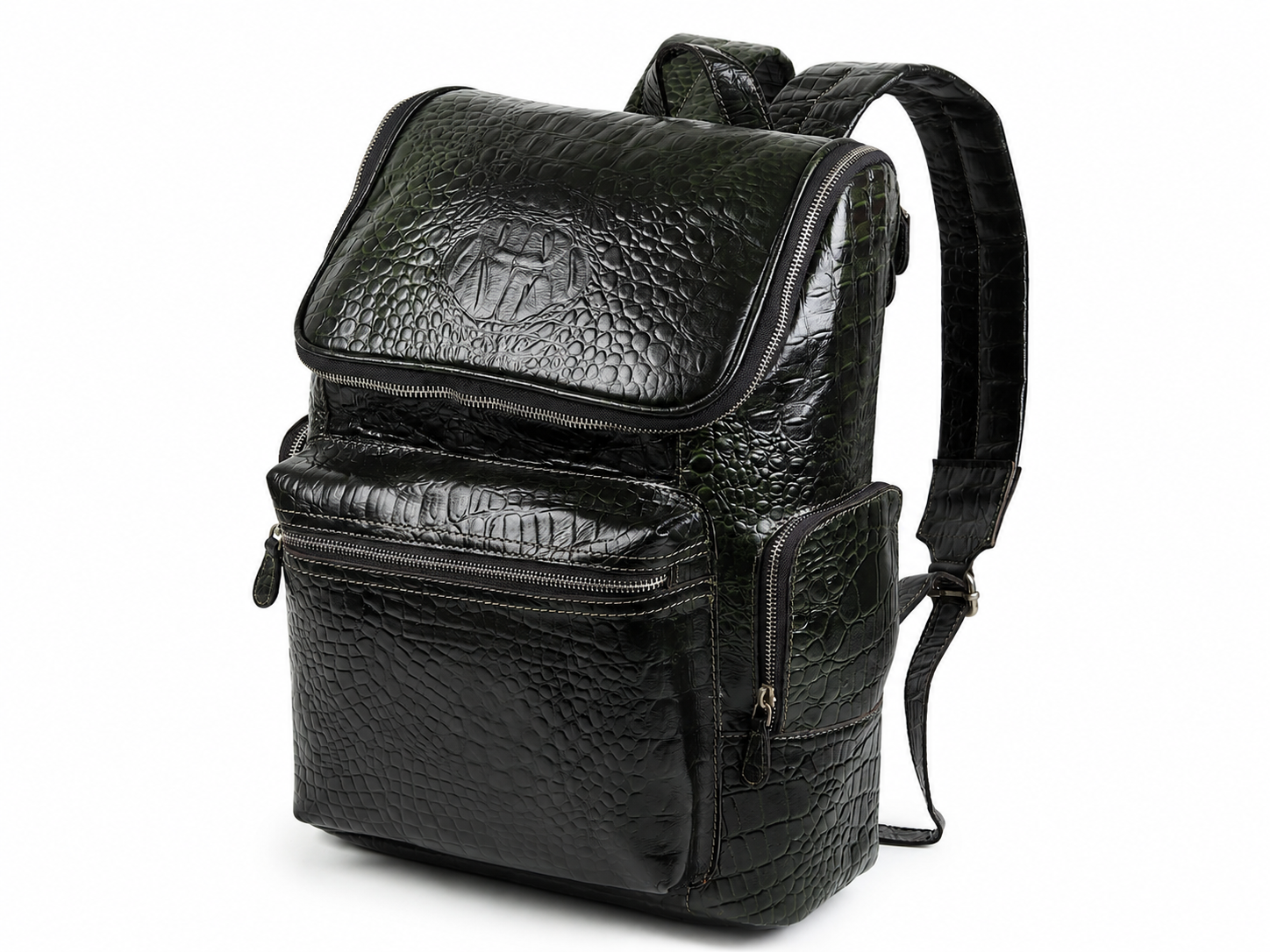 Regal Crocodile Texture Leather Backpack, Dark Green