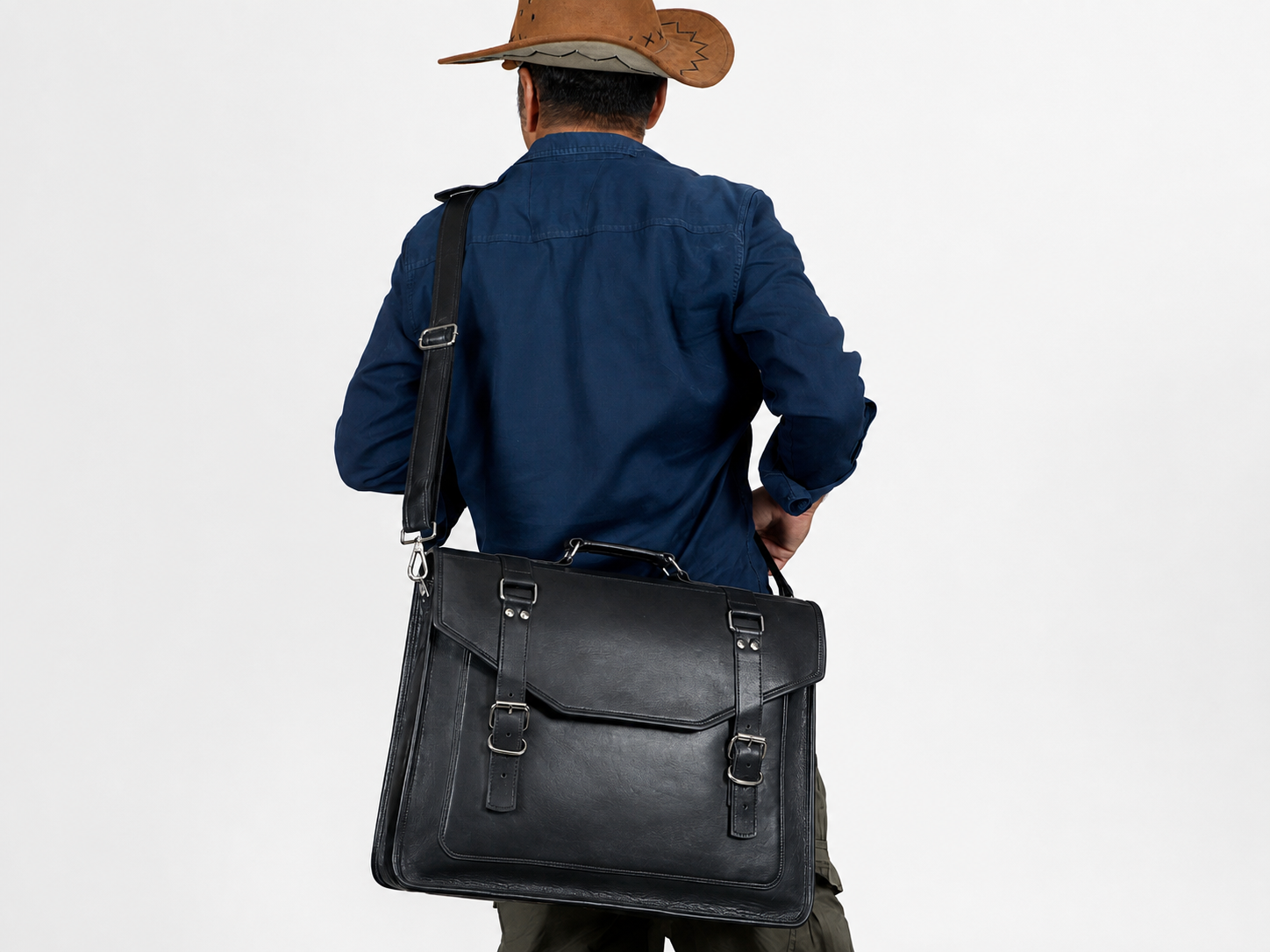 Black Full-Grain Leather Messenger Bag for Men