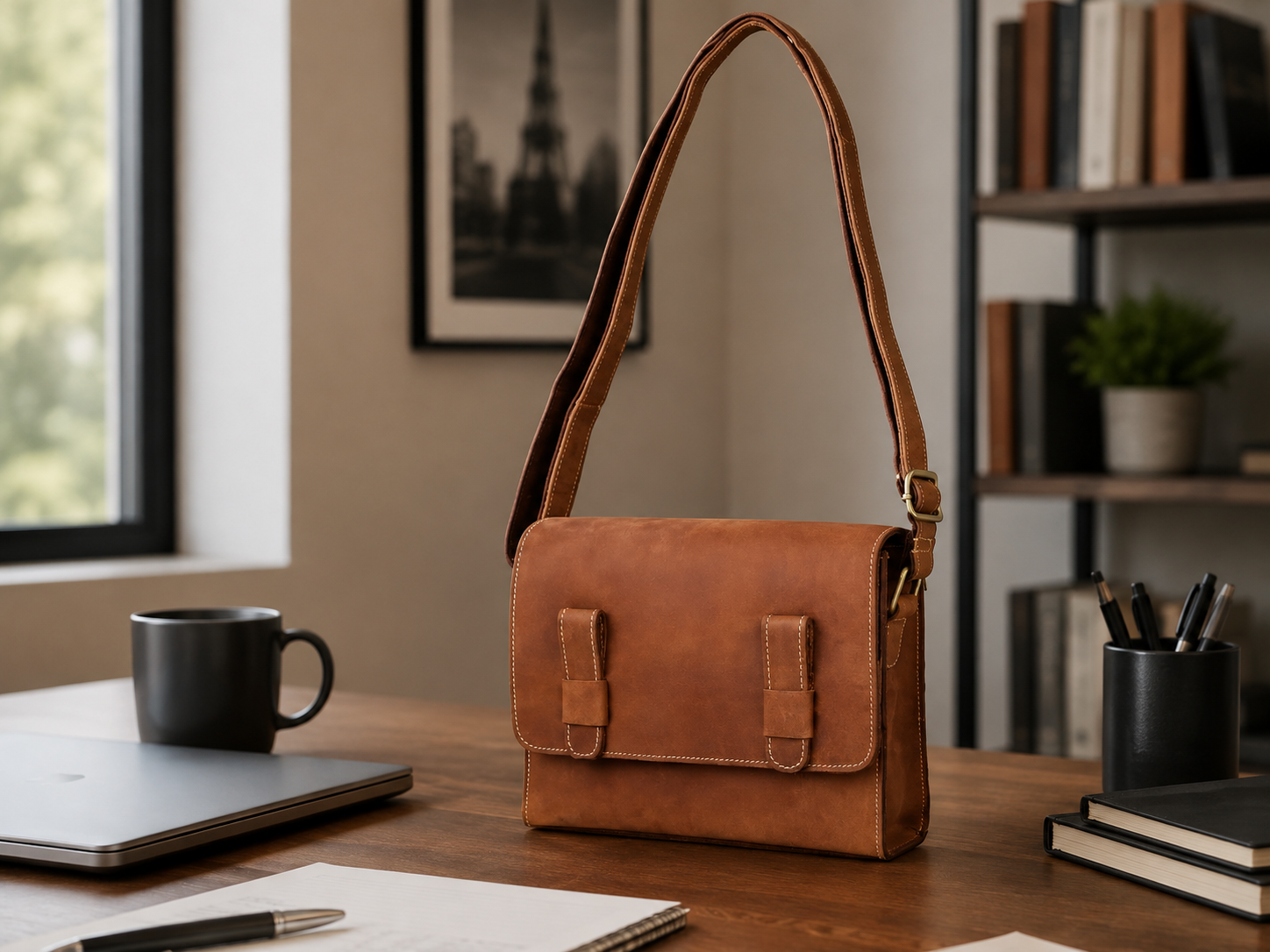 European Style Minimalist Full-Grain Leather Messenger Bag