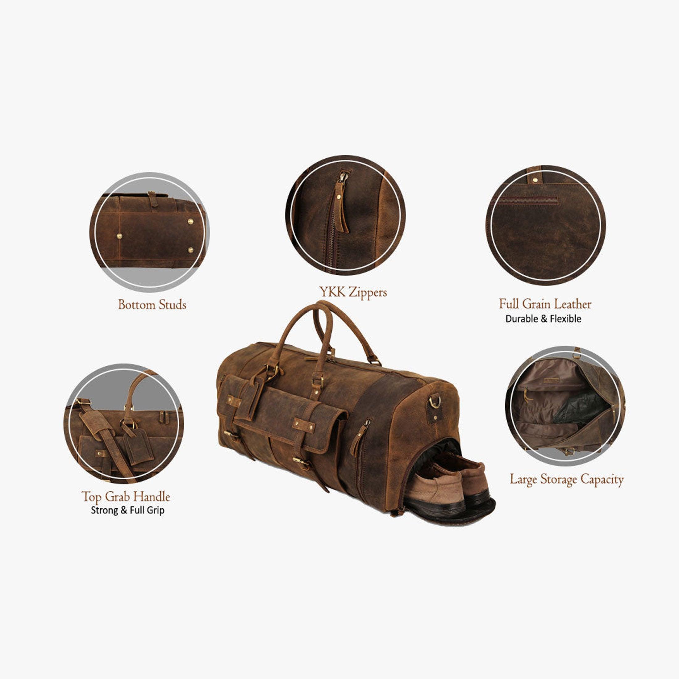 Leather 24-Inch Duffel Bag with Shoe Compartment - Full Grain Travel, Sports, Gym, and Weekend Bag