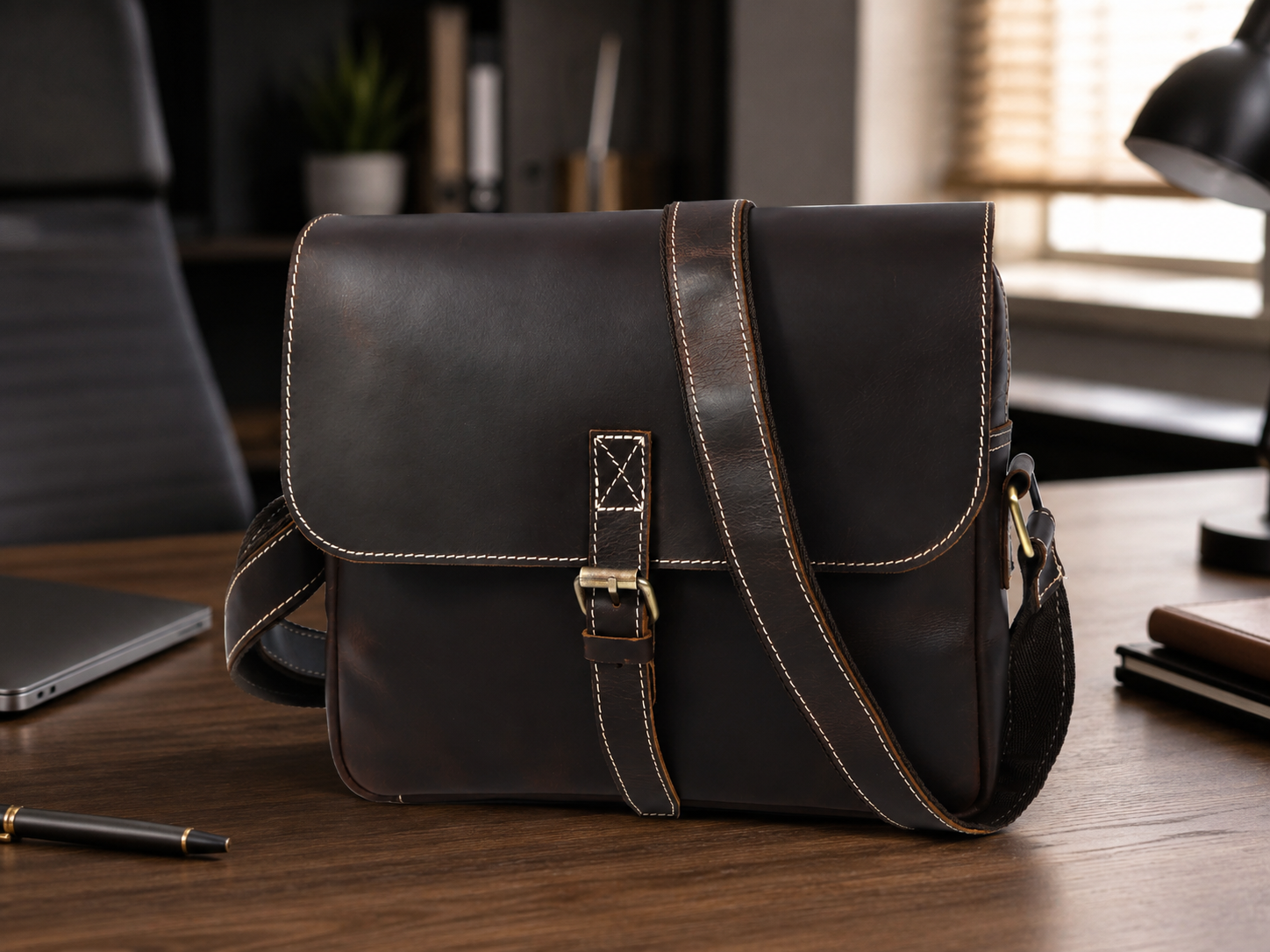 Archer Full-Grain Buffalo Leather Messenger Bag – Handmade Work Satchel