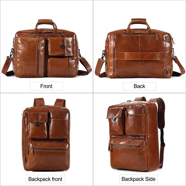 Convertible Full-Grain Leather Laptop Briefcase Backpack