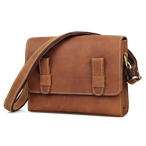 Minimalist Full-Grain Leather Messenger Satchel – 7.9" iPad Mini Crossbody Bag
