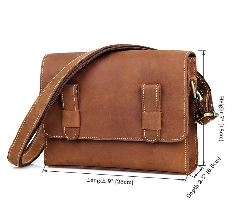 Minimalist Full-Grain Leather Messenger Satchel – 7.9" iPad Mini Crossbody Bag