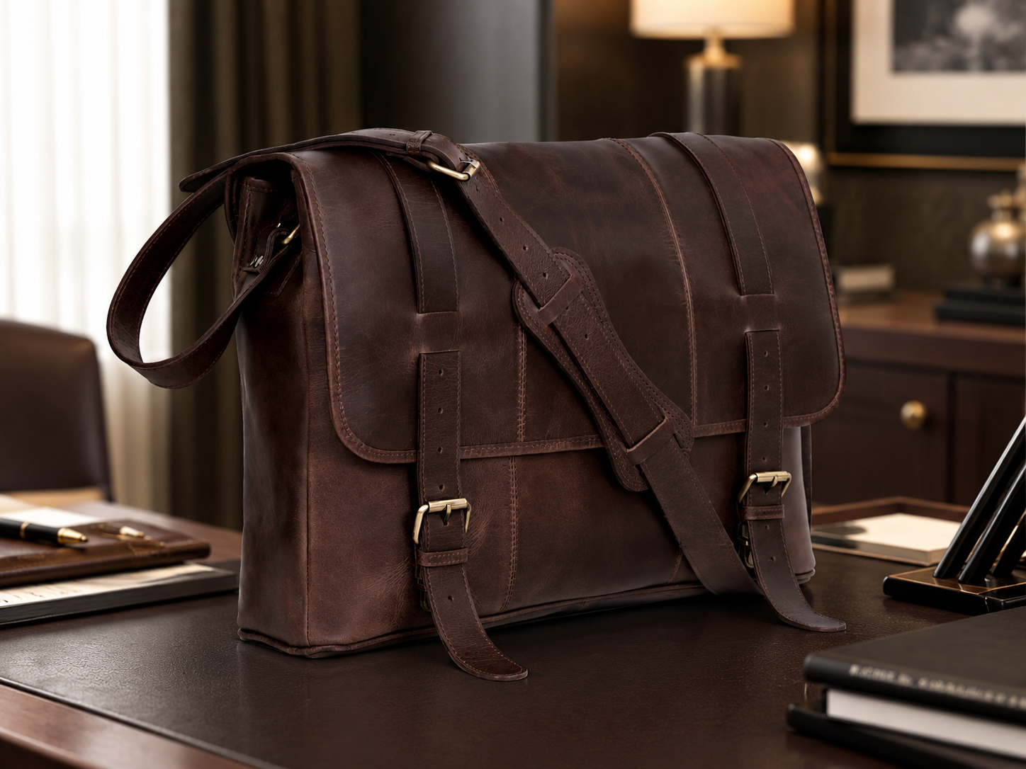 Brown Full-Grain Buffalo Leather Laptop Messenger Bag