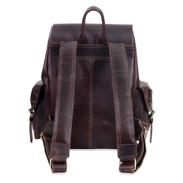 Vintage Buffalo Leather Drawstring Backpack with Buckle Pockets