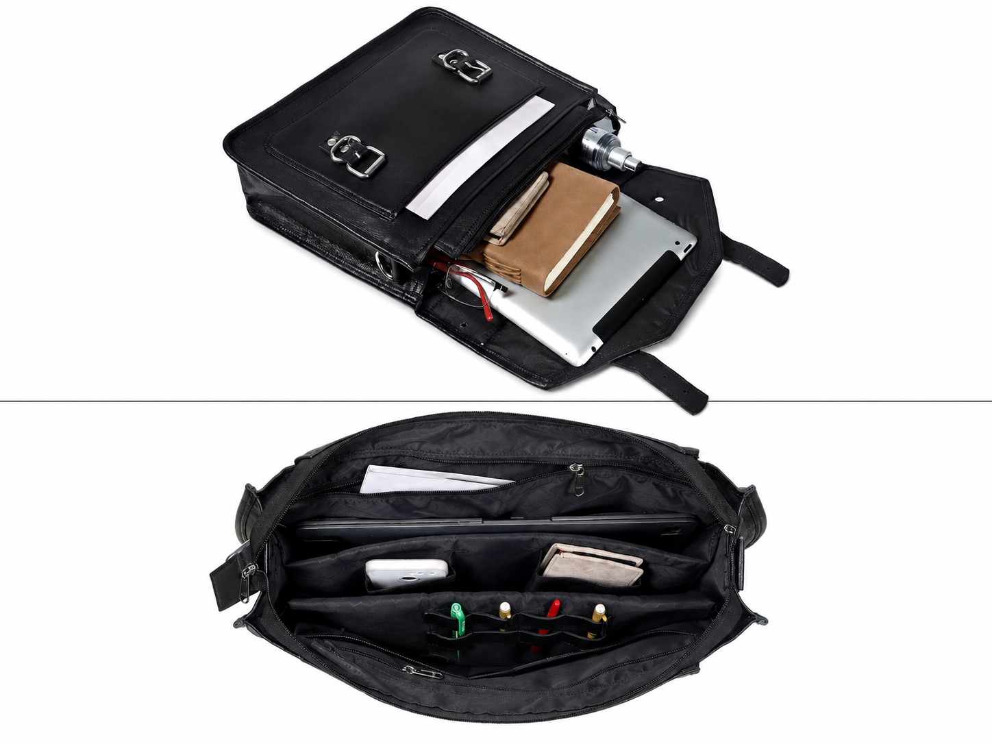 Black Full-Grain Leather Messenger Bag for Men