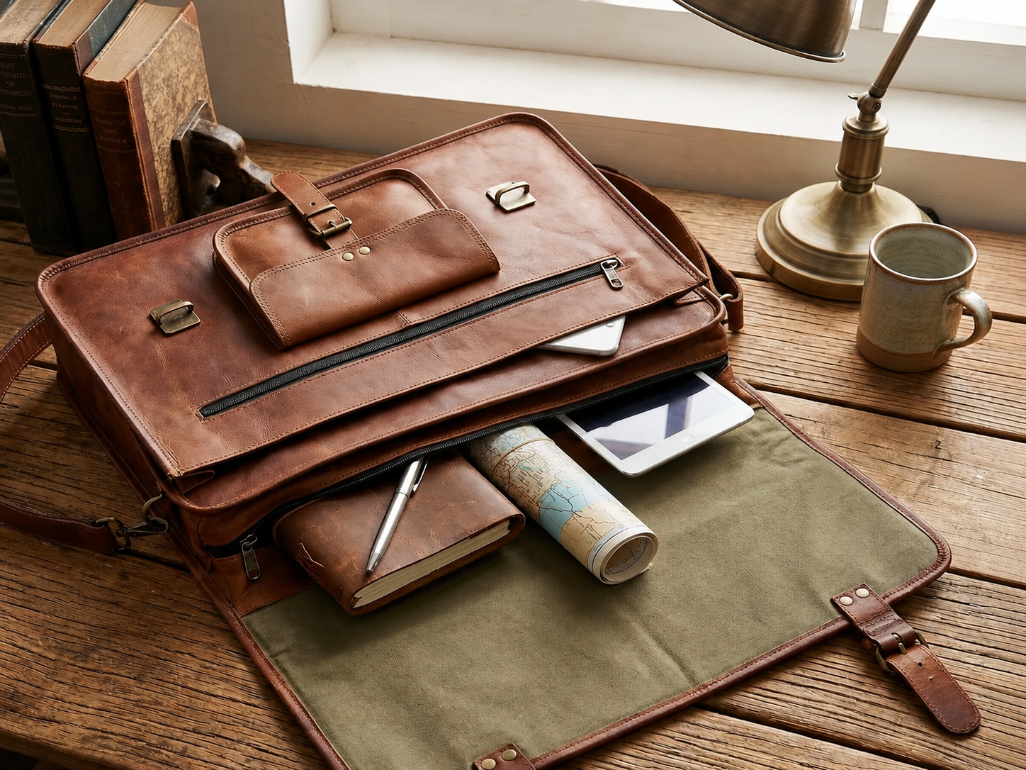 Men’s Full-Grain Leather Laptop Messenger Bag for Work