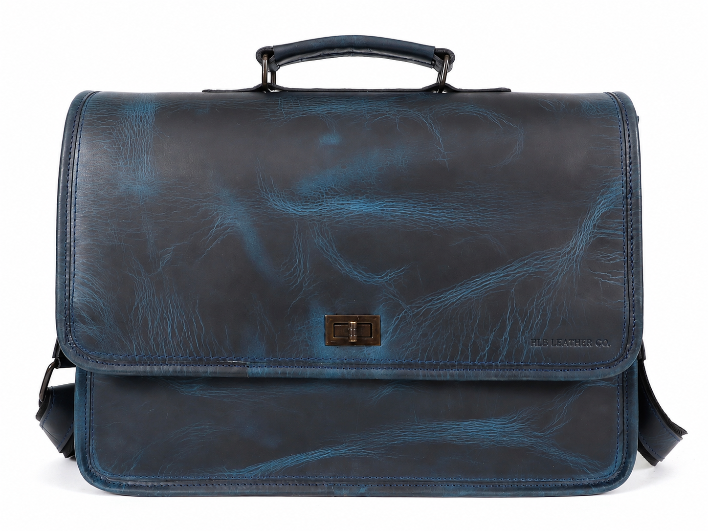 Blue Full-Grain Buffalo Leather Messenger Bag for Men