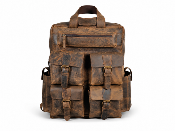 Distressed Buffalo Leather Multi-Pocket Backpack for Work & Travel