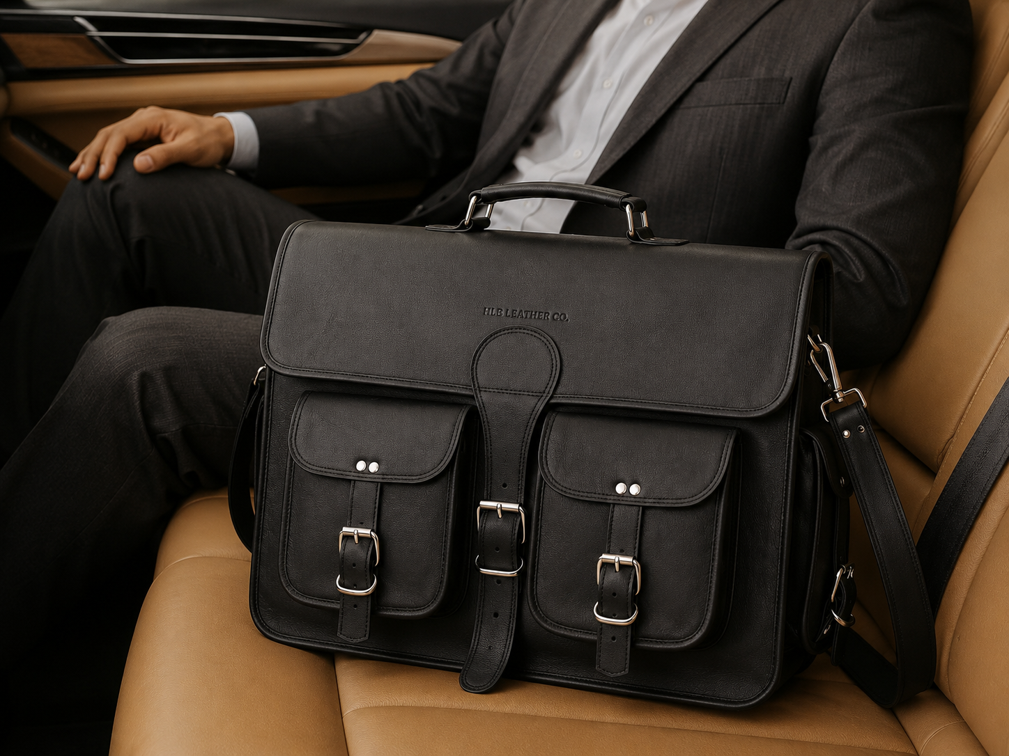 Black Full-Grain Leather Messenger Bag for Men