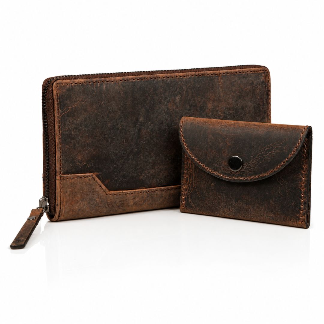 Vintage Brown Leather Wallet & Coin Purse Set – Gift-Ready Organizer