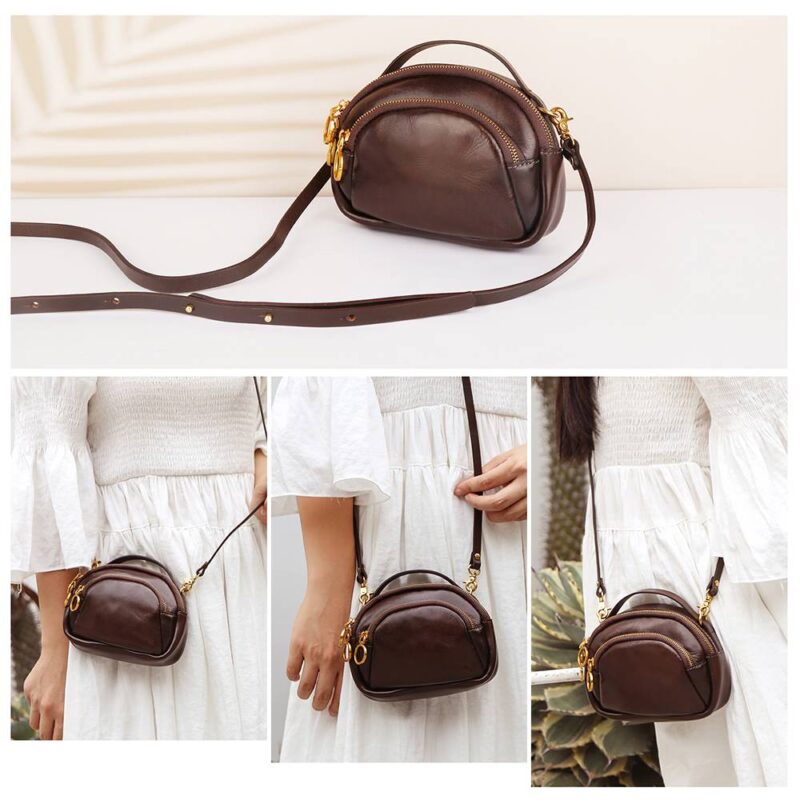Women's Vegetable-Tanned Leather Mini Crossbody Bag – Compact Shoulder Purse with Top Handle