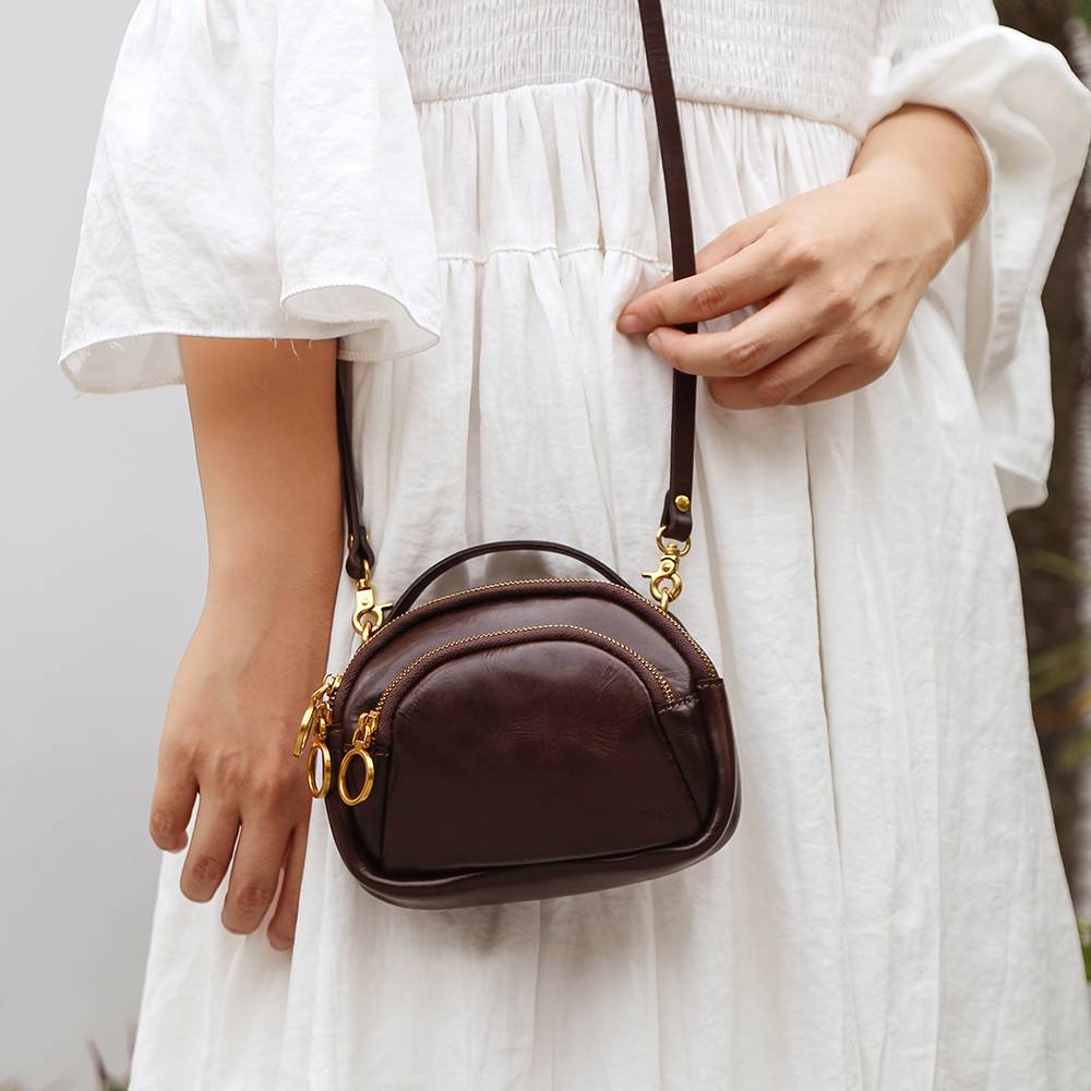 Women's Vegetable-Tanned Leather Mini Crossbody Bag – Compact Shoulder Purse with Top Handle