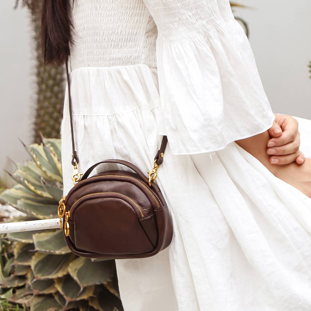 Women's Vegetable-Tanned Leather Mini Crossbody Bag – Compact Shoulder Purse with Top Handle