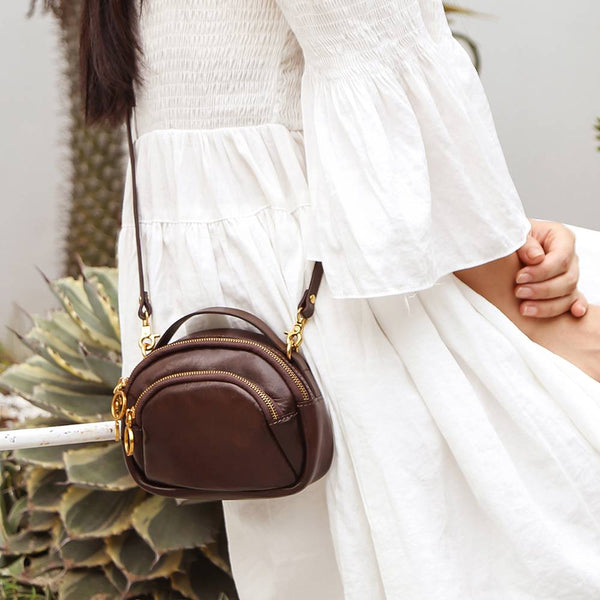 Women's Vegetable-Tanned Leather Mini Crossbody Bag – Compact Shoulder Purse with Top Handle