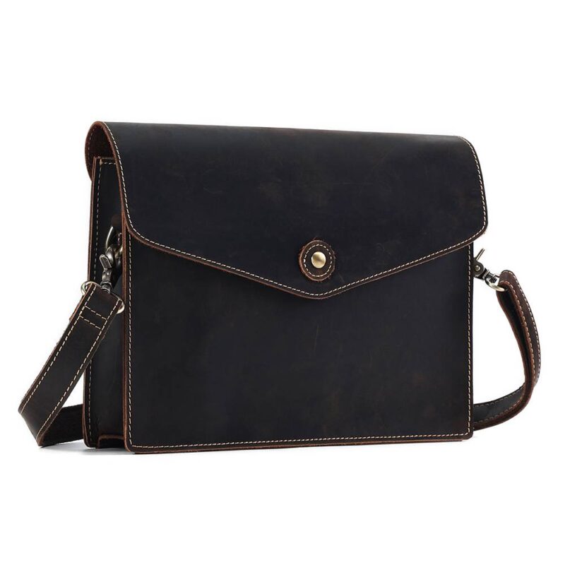 Dark Brown Full-Grain Leather Crossbody Satchel – Envelope Clutch & iPad Mini Bag