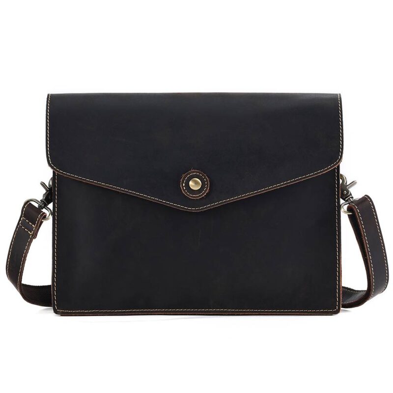 Dark Brown Full-Grain Leather Crossbody Satchel – Envelope Clutch & iPad Mini Bag