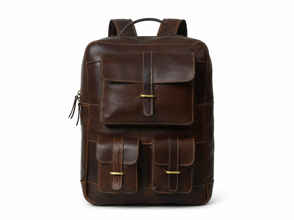 Hickory Brown Buffalo Leather Laptop Backpack with Rear Zip Pocket