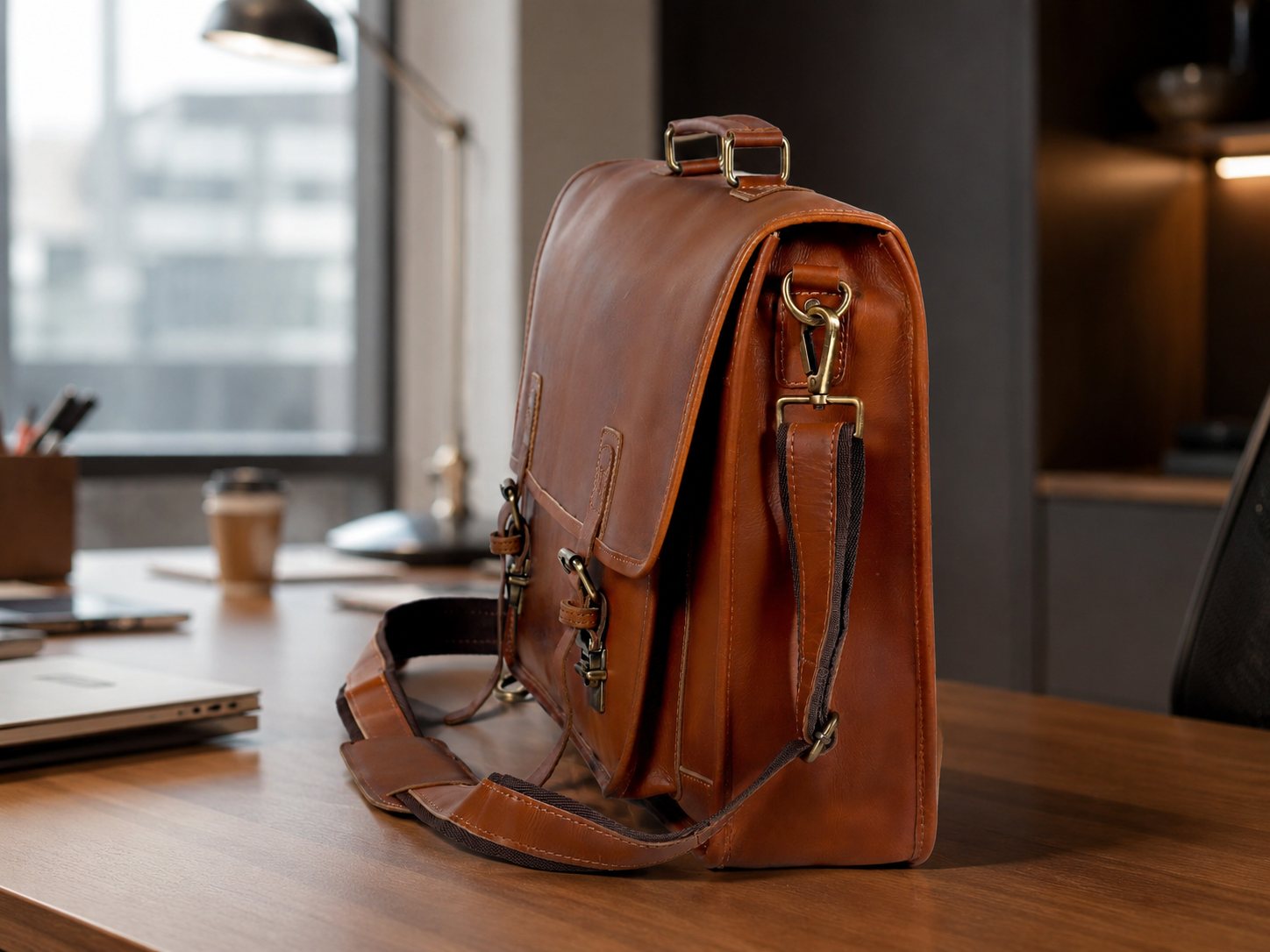Tan Full-Grain Buffalo Leather Laptop Messenger Bag