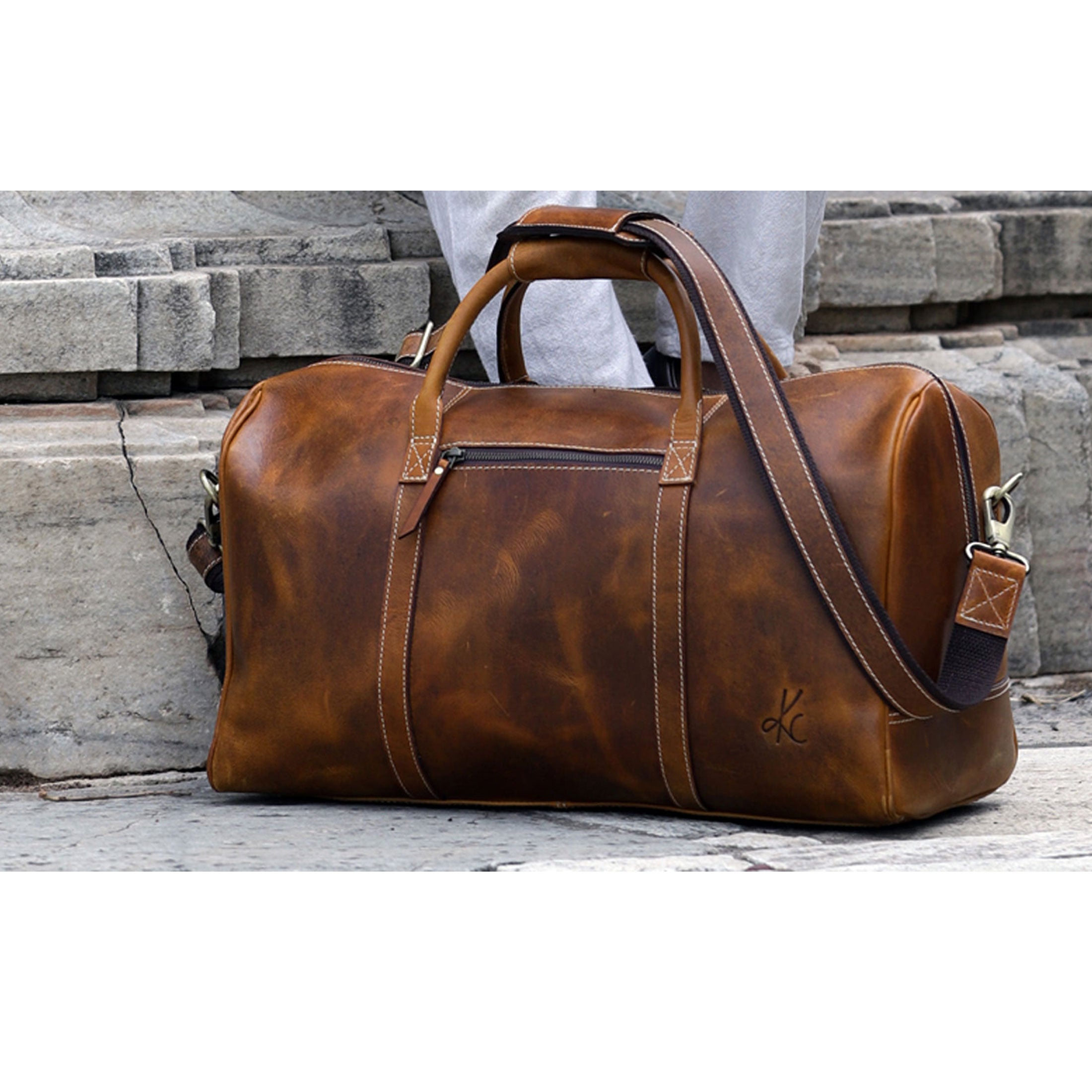 Leather Duffel Bag - Travel, Gym, Sports, Overnight, and Weekend Cabin Holdall (Distressed Tan)