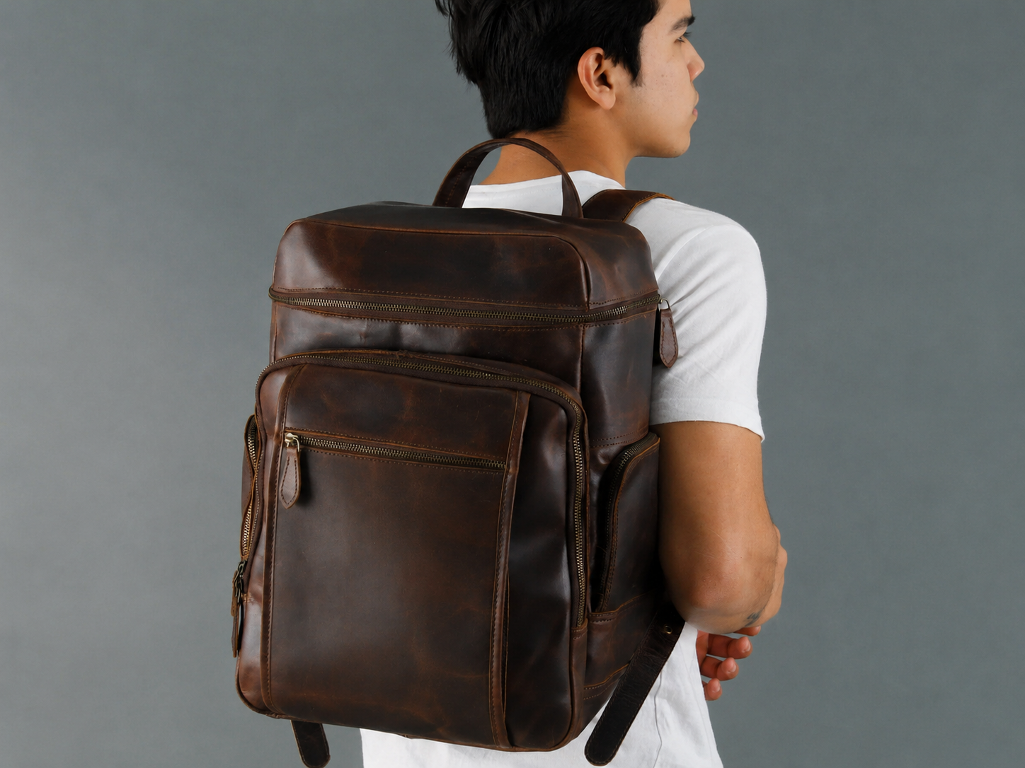 Alpha Brown Buffalo Leather Travel Backpack