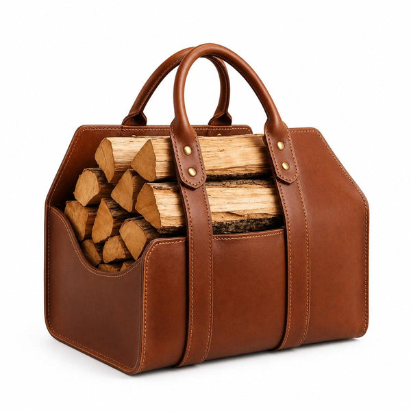 Rustic Buffalo Leather Firewood Carrier