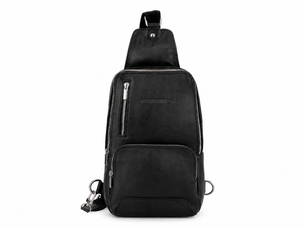Black Buffalo Leather Crossbody Sling with Dual Zip Pockets