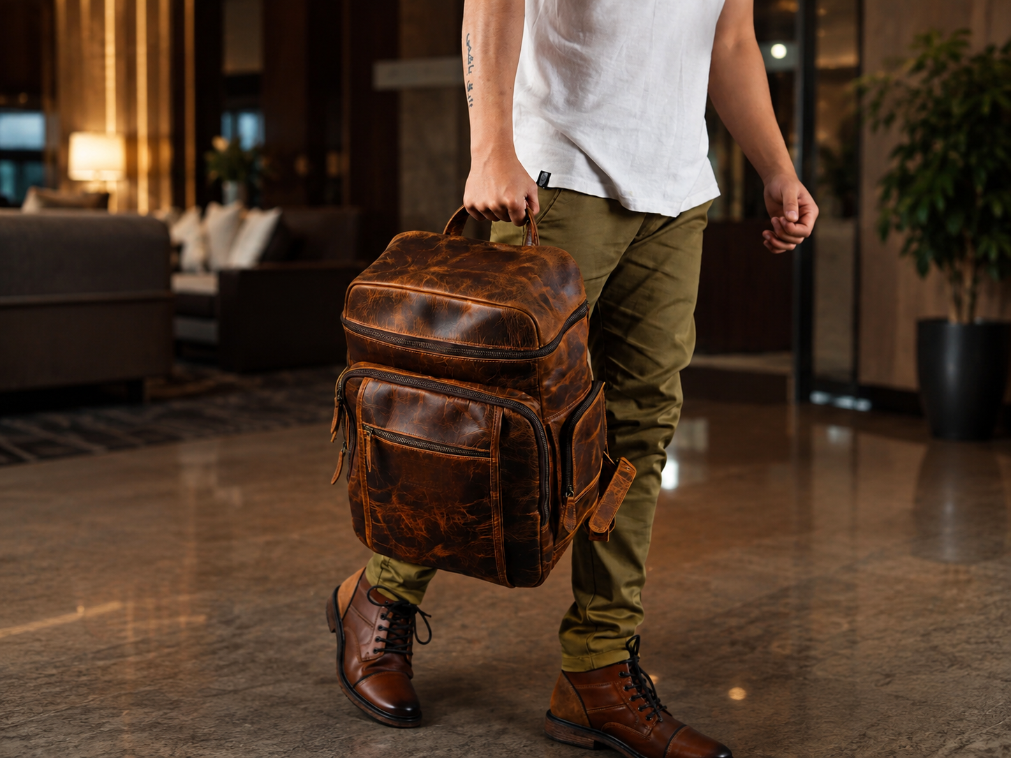 Alpha Caramel Buffalo Leather Travel Backpack