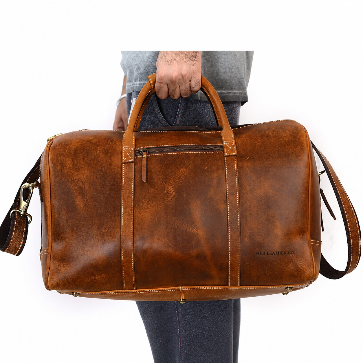 Leather Duffel Bag - Travel, Gym, Sports, Overnight, and Weekend Cabin Holdall (Distressed Tan)