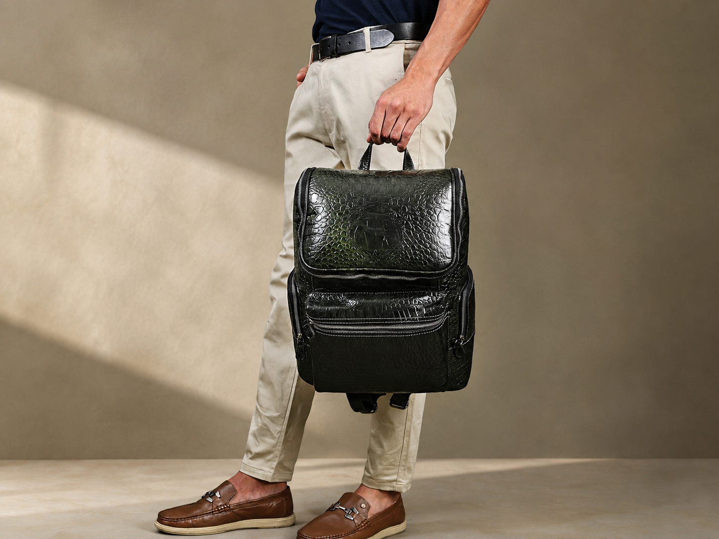 Regal Crocodile Texture Leather Backpack, Dark Green