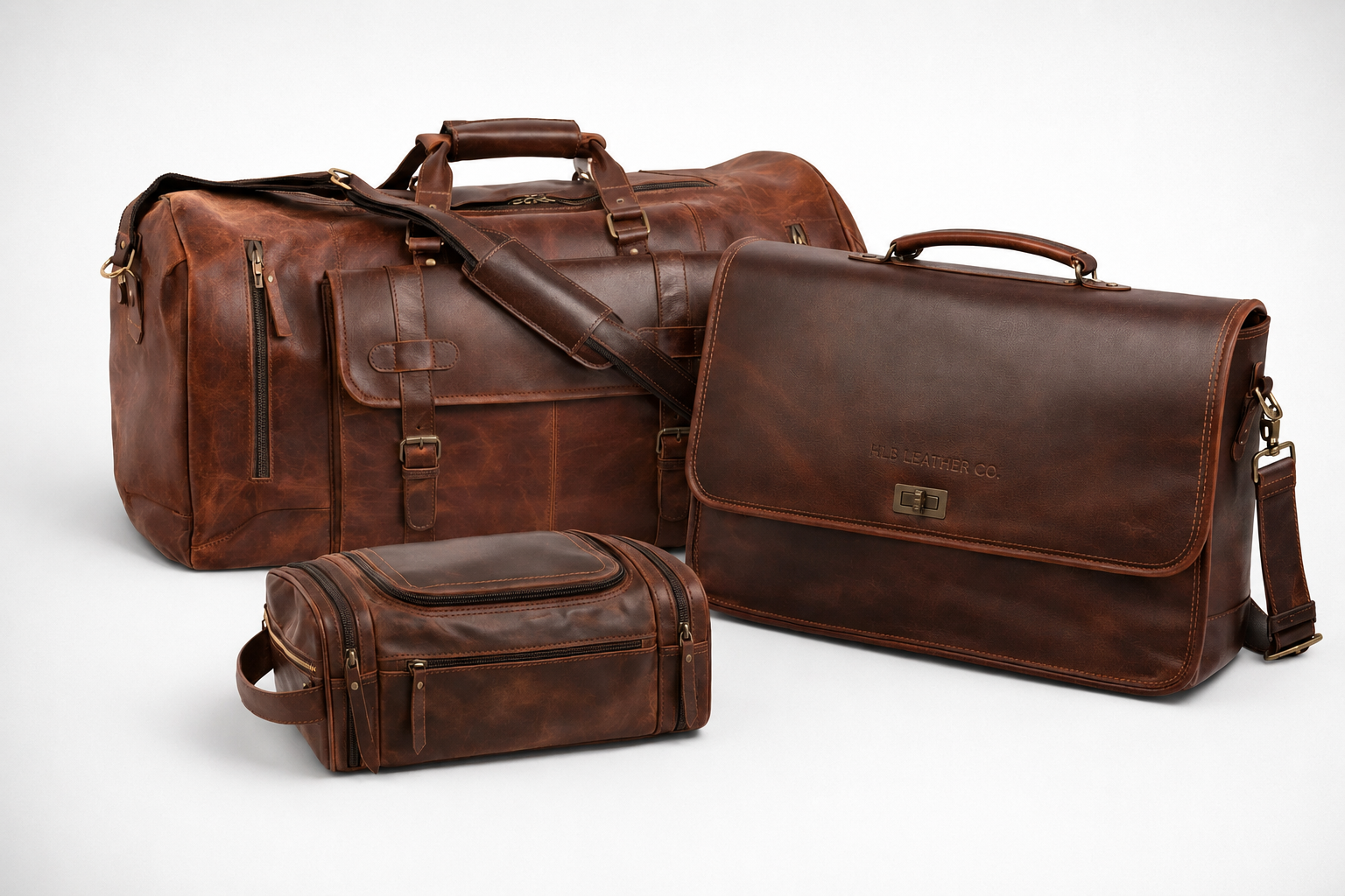 Premium Full-Grain Buffalo Leather Travel & Work Set – Duffel, Messenger Bag & Toiletry Bag