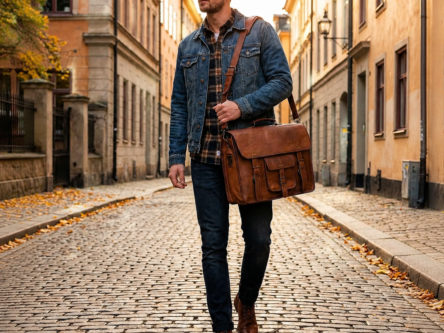 Men’s Full-Grain Leather Laptop Messenger Bag for Work