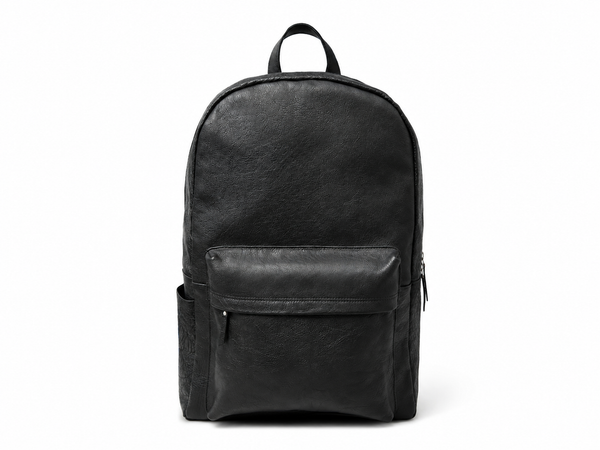 Black Buffalo Leather Minimalist Backpack with Front Zip Pocket